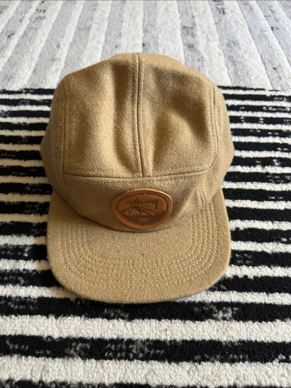 Stussy Tan 5-Panel Wool Blend Cap with Leather Patch